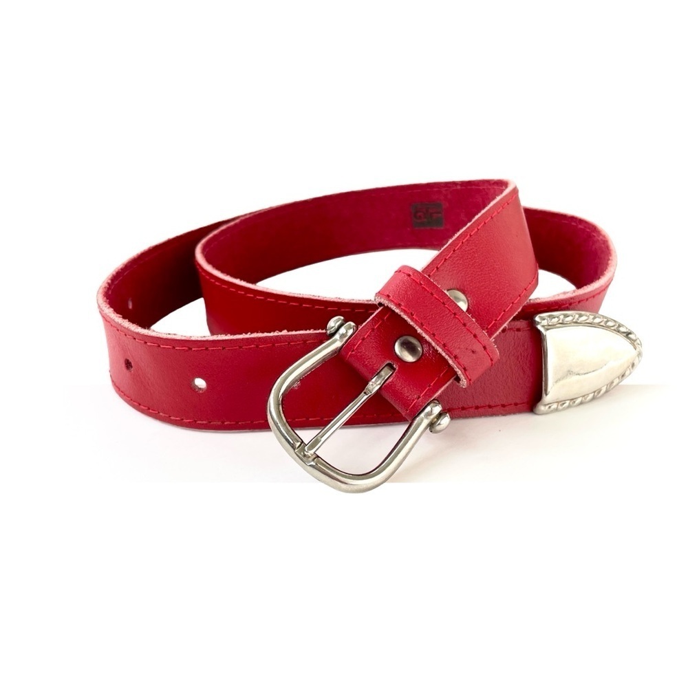 Red Vegan Leather Belt with Silver Buckle Trim, Size Large